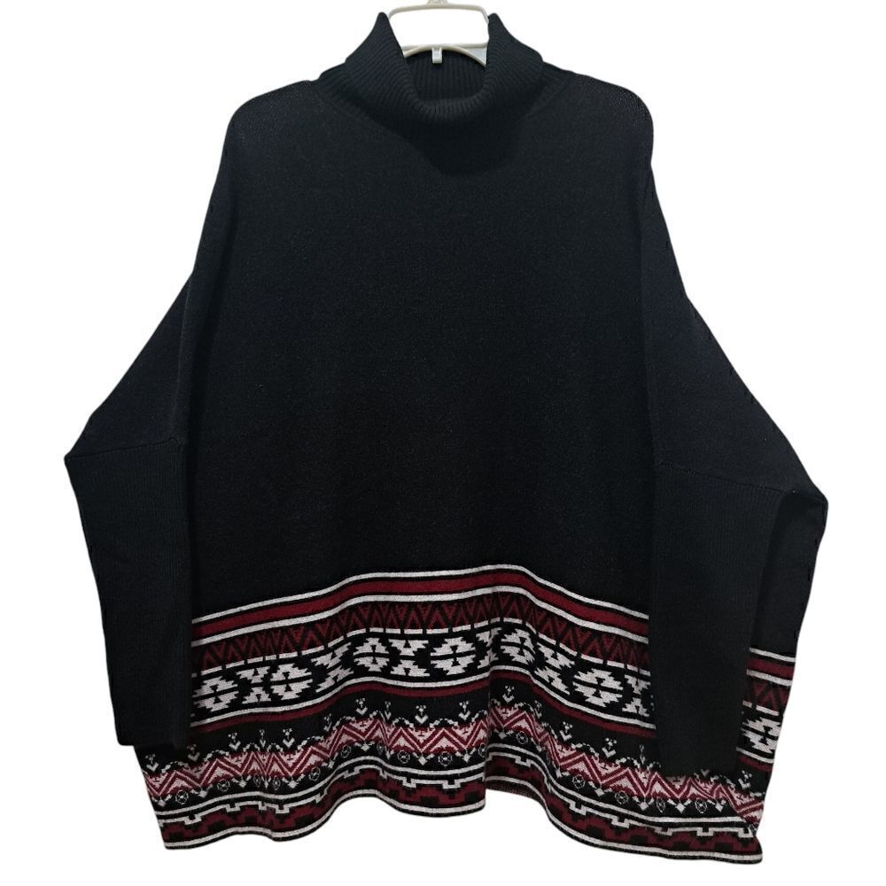 Joseph A Tribal Jacquard Western Lagenlook Aztec Knitwear Poncho Large Black